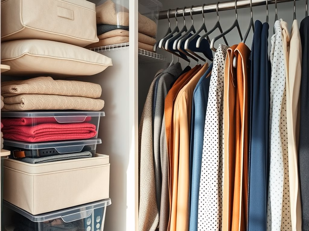 Organizadores de guarda-roupa, incluindo caixas de tecido, caixas plásticas transparentes e cabides multiníveis.