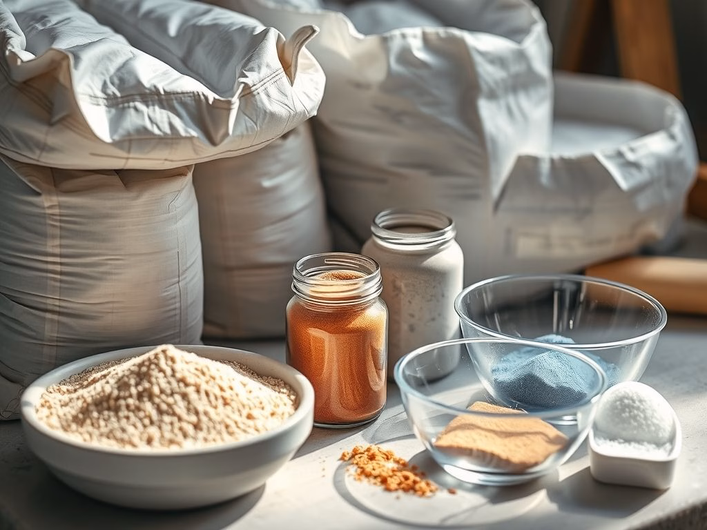 Uma foto detalhada dos materiais necessários para fazer uma cuba de cimento marmorato, incluindo cimento branco, areia, pigmento, bacias e ferramentas.