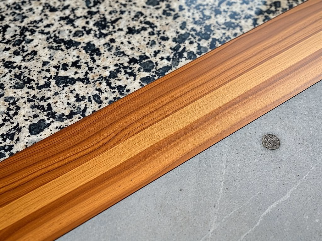 Amostras de diferentes materiais para bancadas: granito, quartzo, madeira e cimento queimado.