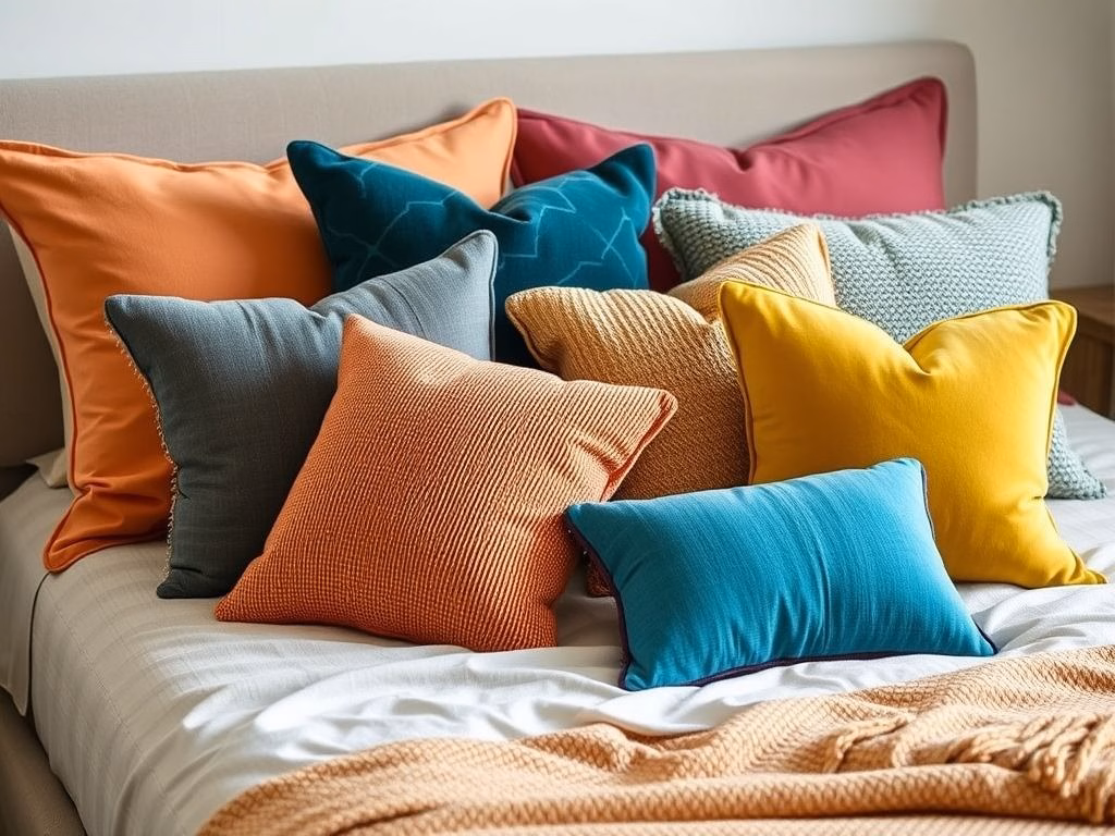 Detalhe de almofadas coloridas e texturizadas em uma cama com roupa de cama neutra.
