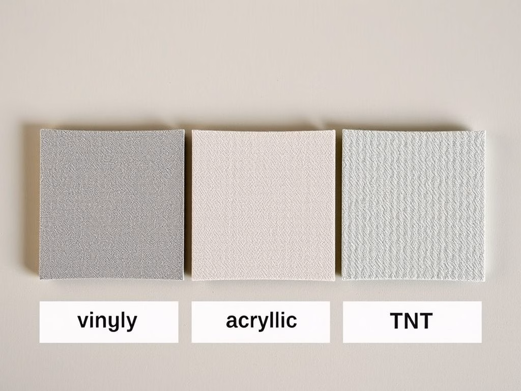 Comparativo dos três tipos de papel de parede lavável: vinílico, acrílico e TNT, mostrando suas texturas e características.