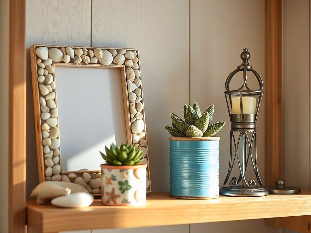 Coleção de pequenos itens de decoração DIY em uma prateleira, incluindo porta-retratos decorado com conchas, vaso de suculenta feito de lata pintada e castiçal feito com rolhas de vinho.