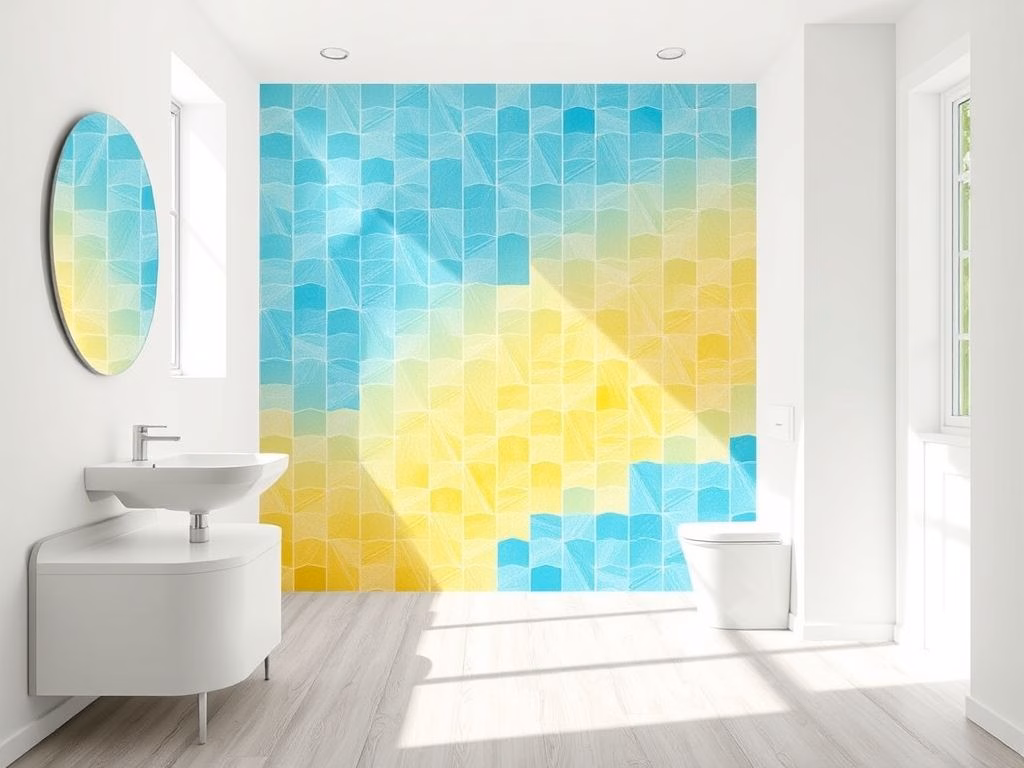 Banheiro vibrante com parede revestida em azulejos geométricos coloridos.