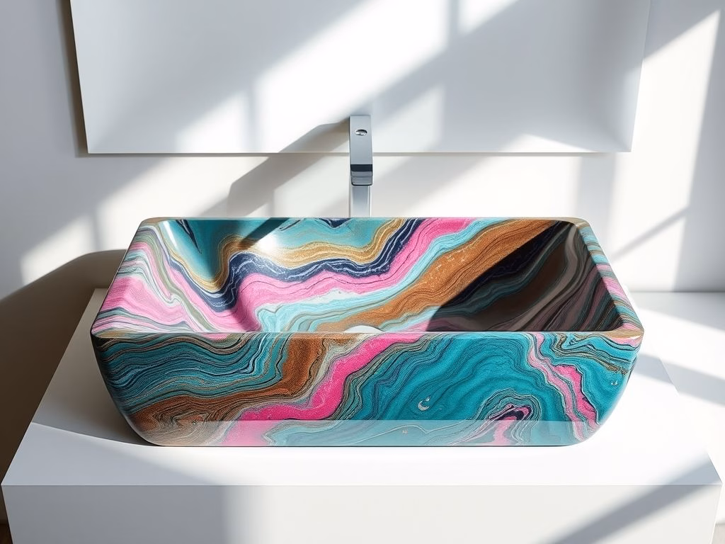 Uma cuba de cimento marmorato com cores vibrantes como azul, verde e rosa, demonstrando a possibilidade de personalização.