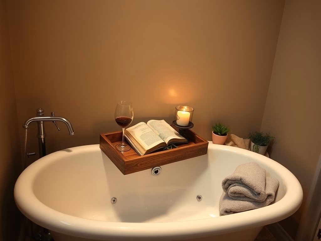 Um canto de banheiro aconchegante e convidativo com uma banheira com uma bandeja contendo uma taça de vinho, um livro e uma vela perfumada.