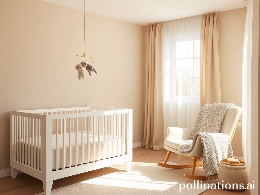 Quarto de bebê aconchegante e minimalista com berço branco, cadeira de balanço confortável e luz natural.