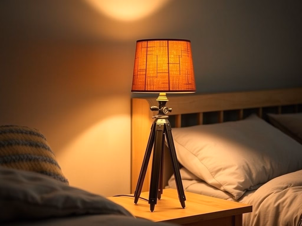 Quarto aconchegante com luminária DIY feita de tripé de câmera vintage e abajur de tecido.