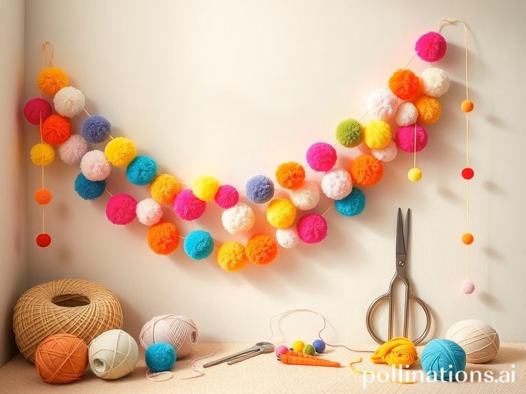 Guirlanda de pompons coloridos feita à mão decorando um quarto de bebê.