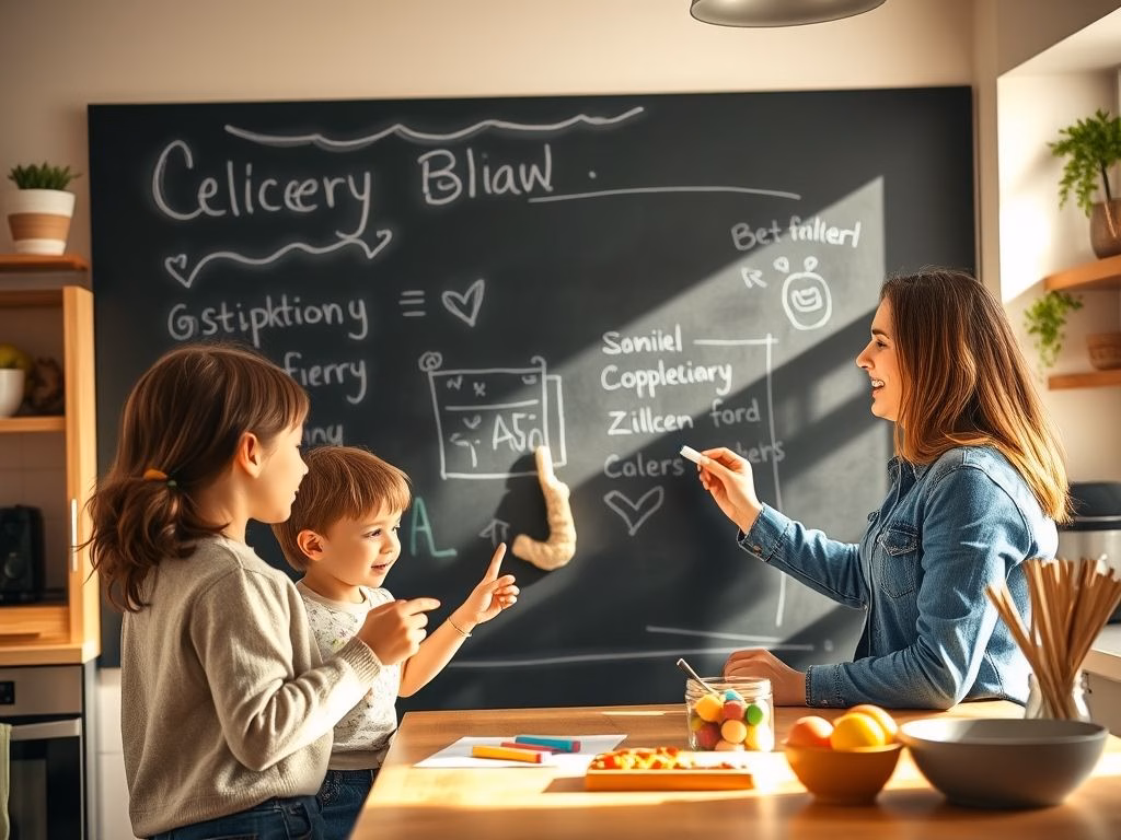 Família interagindo com a parede de lousa na cozinha. Uma criança desenha enquanto os pais escrevem uma lista de compras.