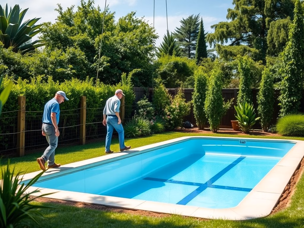Piscina de fibra sendo instalada em um quintal, destacando a rapidez e facilidade da instalação.