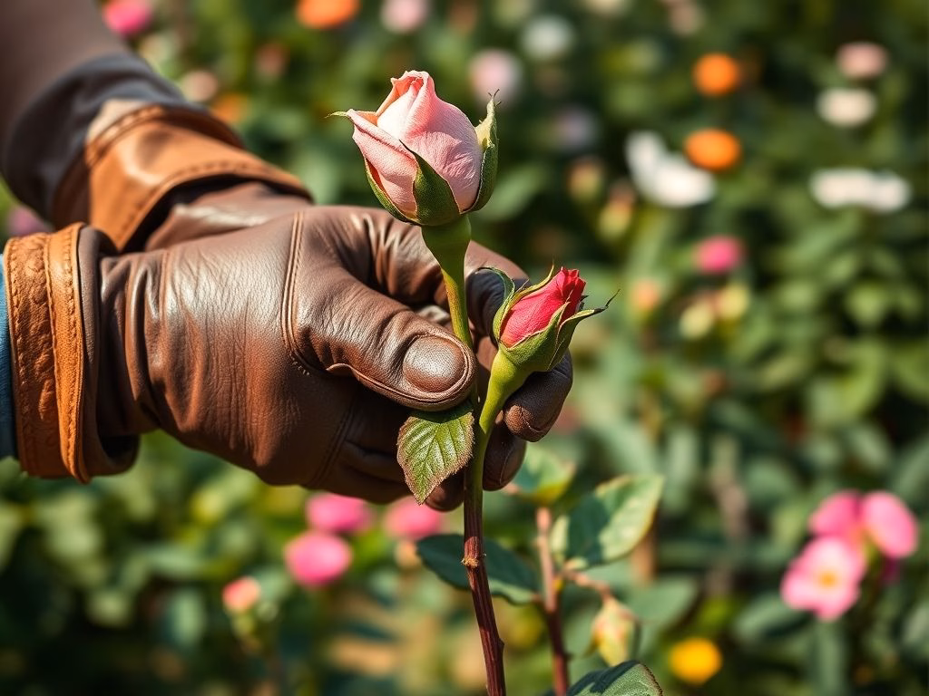 Mãos de um jardineiro podando uma roseira com tesoura de poda, mostrando o ângulo correto do corte.