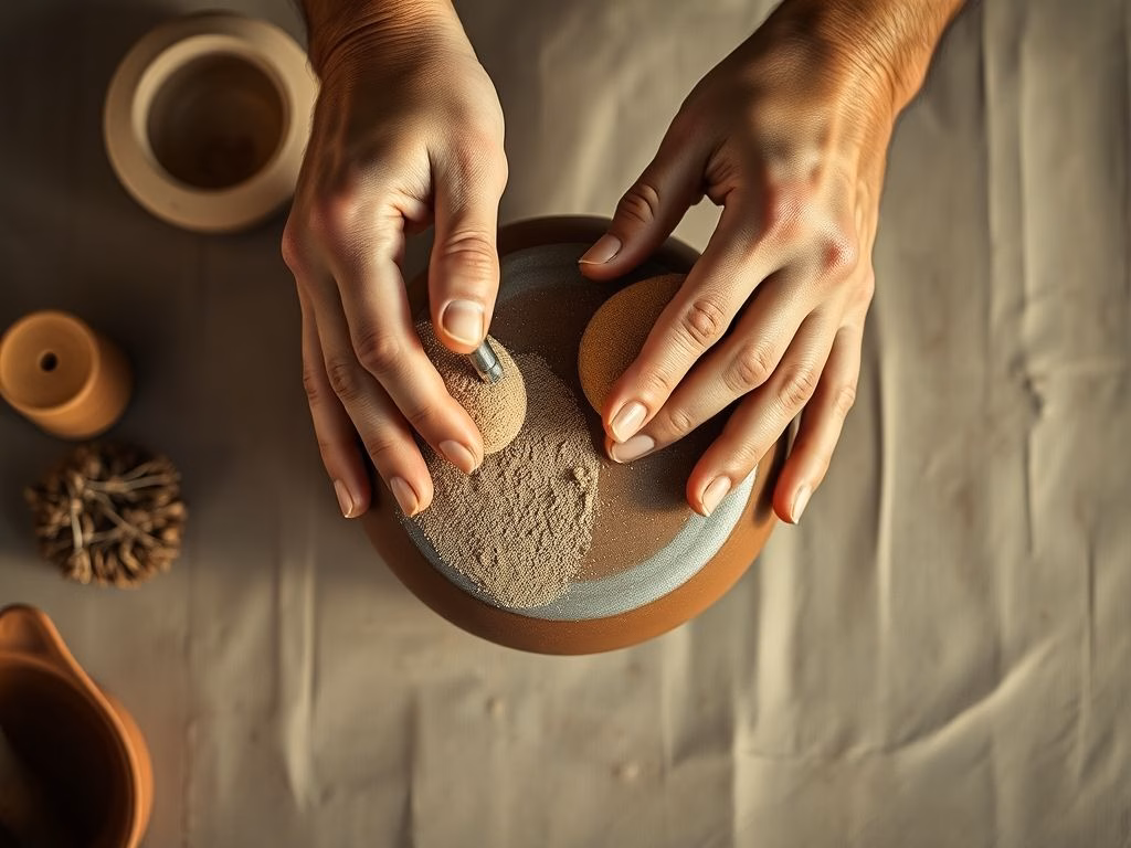 Visão de cima de mãos criando um vaso Wabi Sabi, aplicando tinta mineral texturizada em um vaso de barro simples.
