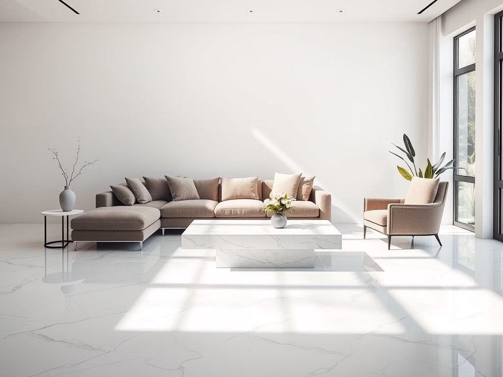 Sala de estar com piso de mármore branco, sofá moderno e mesa de centro com tampo de mármore.