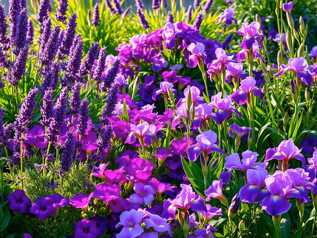 Um jardim exuberante com diversas flores roxas, incluindo lavandas, petúnias e íris, criando uma composição visualmente impressionante e harmoniosa.