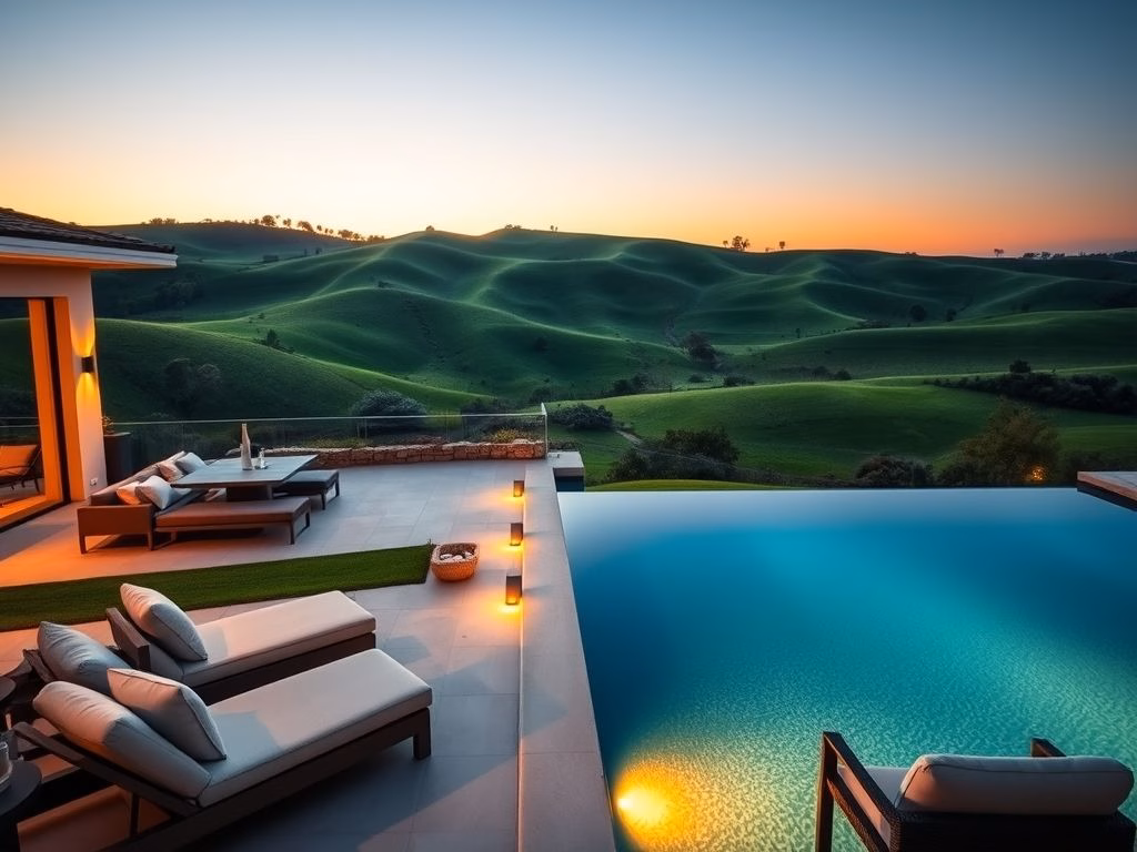 Uma piscina infinita moderna em um quintal luxuoso ao pôr do sol, com área de lazer e jantar.