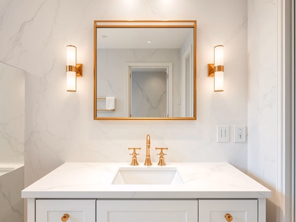 Banheiro elegante com revestimento de mármore branco e detalhes em dourado.