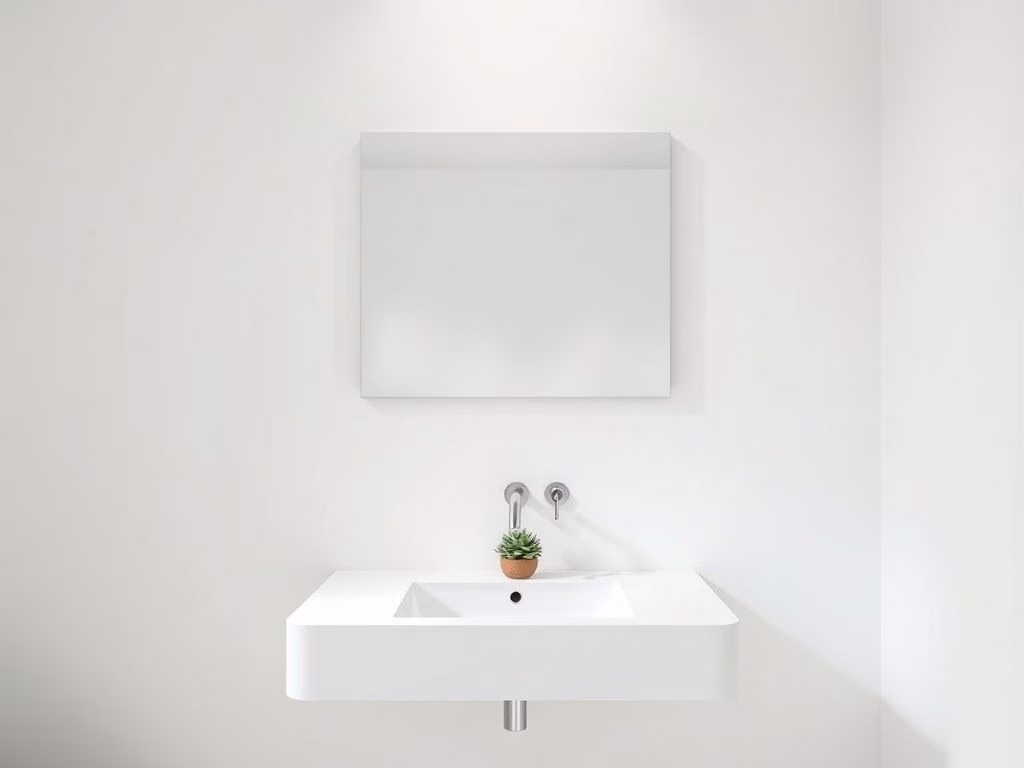 Um lavabo minimalista com cores claras, um espelho retangular simples e uma pequena suculenta na bancada.