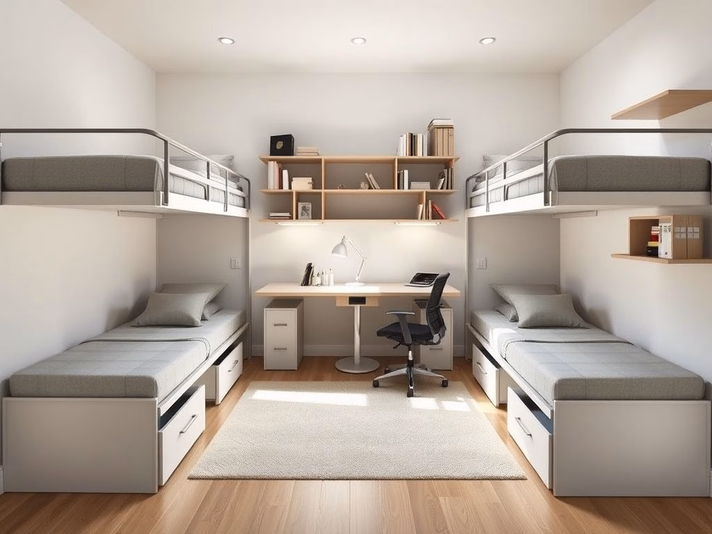 Quarto de gêmeos moderno com beliches com gavetas, mesa de estudos compartilhada e prateleiras, otimizando o espaço.