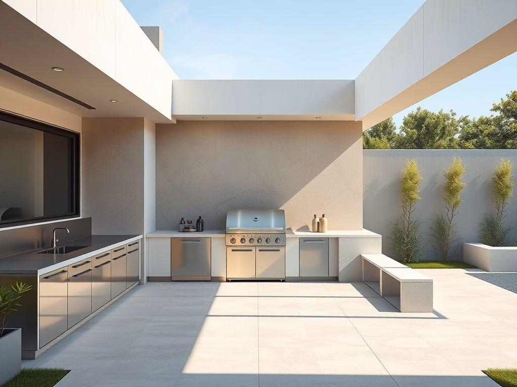 Uma área de churrasqueira moderna e minimalista com linhas retas, cores neutras e materiais como aço inox e vidro.
