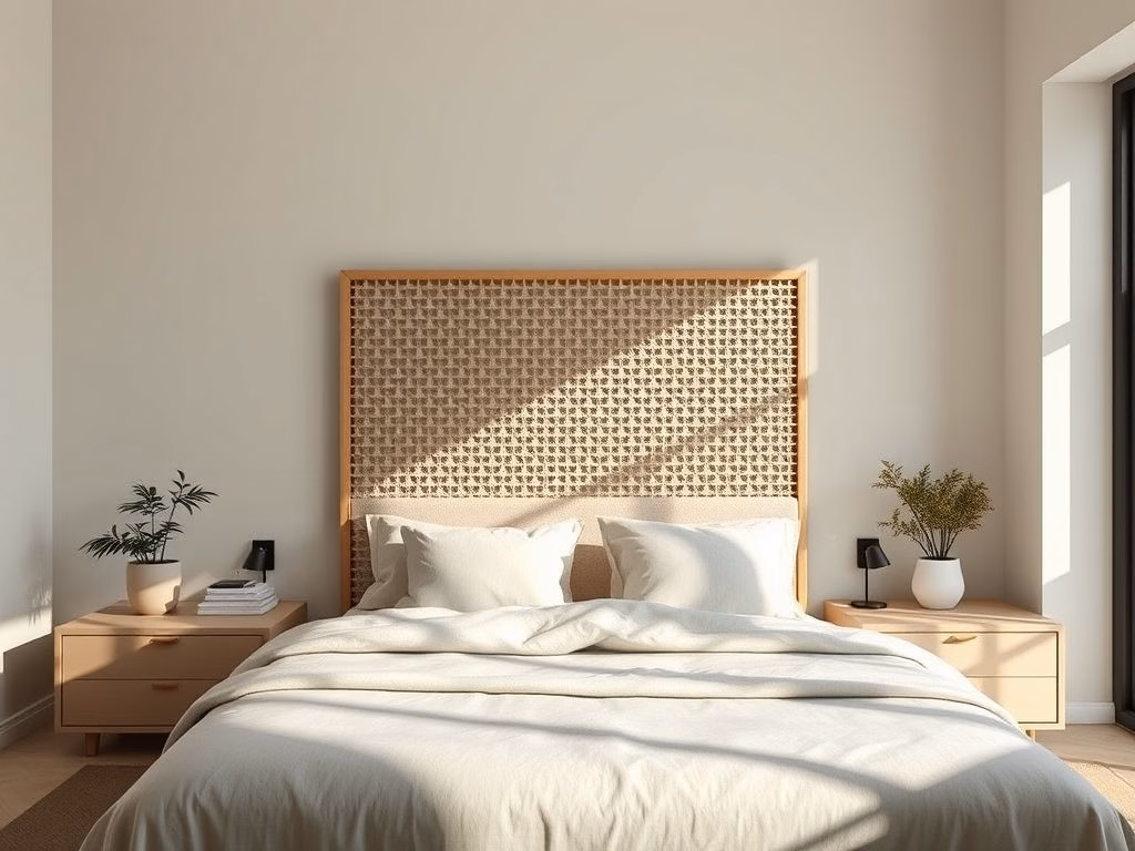 Quarto moderno com cabeceira feita de muxarabi ecológico e design minimalista, criando uma atmosfera calma e serena.