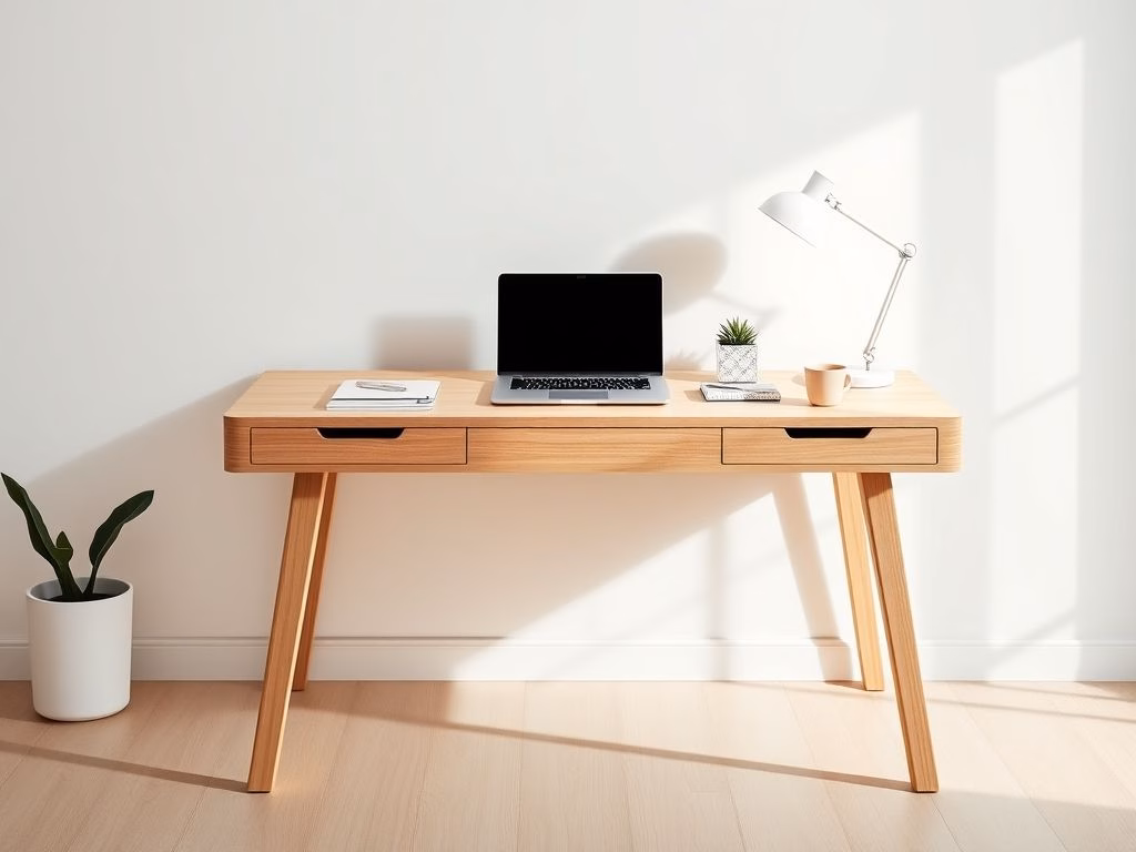 Home office moderno com uma bancada de madeira clara, um laptop e uma luminária, criando um ambiente de trabalho inspirador e organizado.