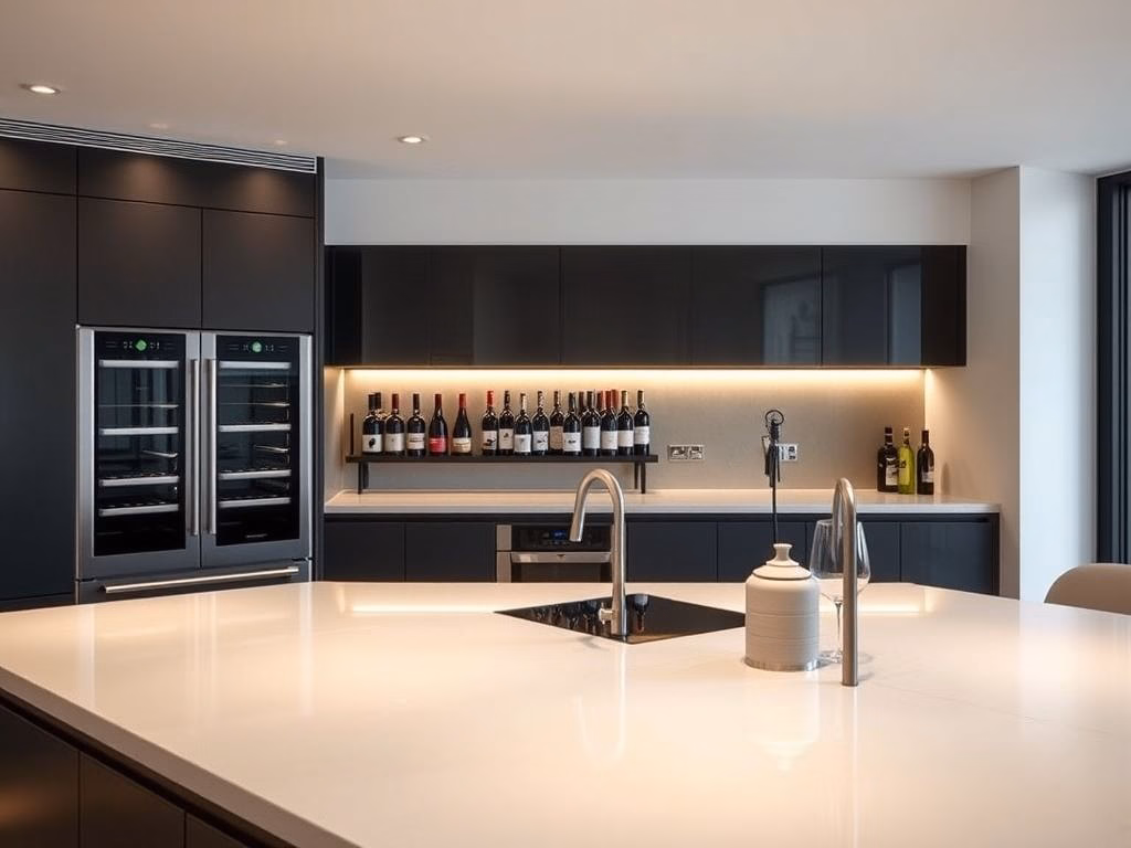 Cozinha americana com bancada e adega embutida para vinhos.
