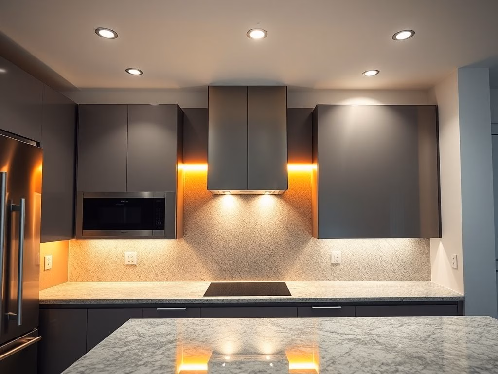 Cozinha moderna com iluminação funcional embutida sob os armários, destacando as bancadas e os eletrodomésticos.
