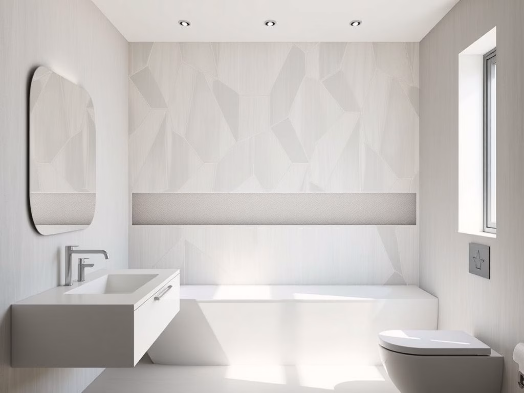 Banheiro moderno com papel de parede lavável resistente à umidade com padrão geométrico sutil.