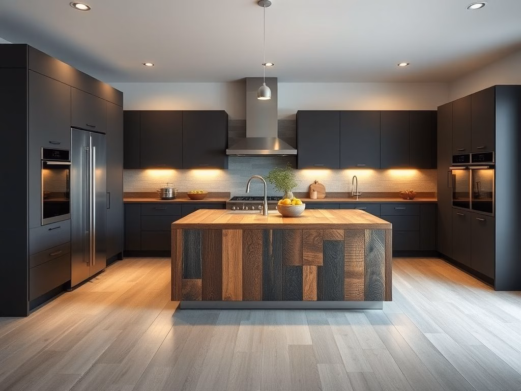 Design de cozinha rústica moderna com armários minimalistas, ilha de madeira rústica e eletrodomésticos de aço inoxidável.