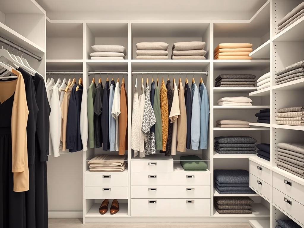 Um guarda-roupa organizado com roupas categorizadas por tipo e cor.