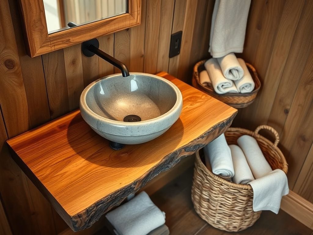 Um lavabo rústico com elementos de madeira natural, uma bancada de madeira rústica e uma pia de pedra.