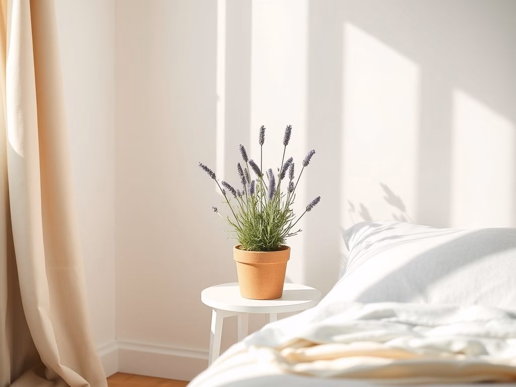 Canto de quarto com planta de lavanda em um criado-mudo, transmitindo calma e relaxamento.