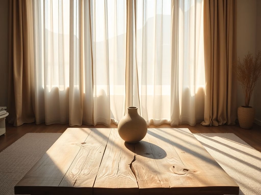 Sala de estar serena em estilo Wabi Sabi com luz natural, mesa de madeira rústica e vaso de cerâmica com flores secas.