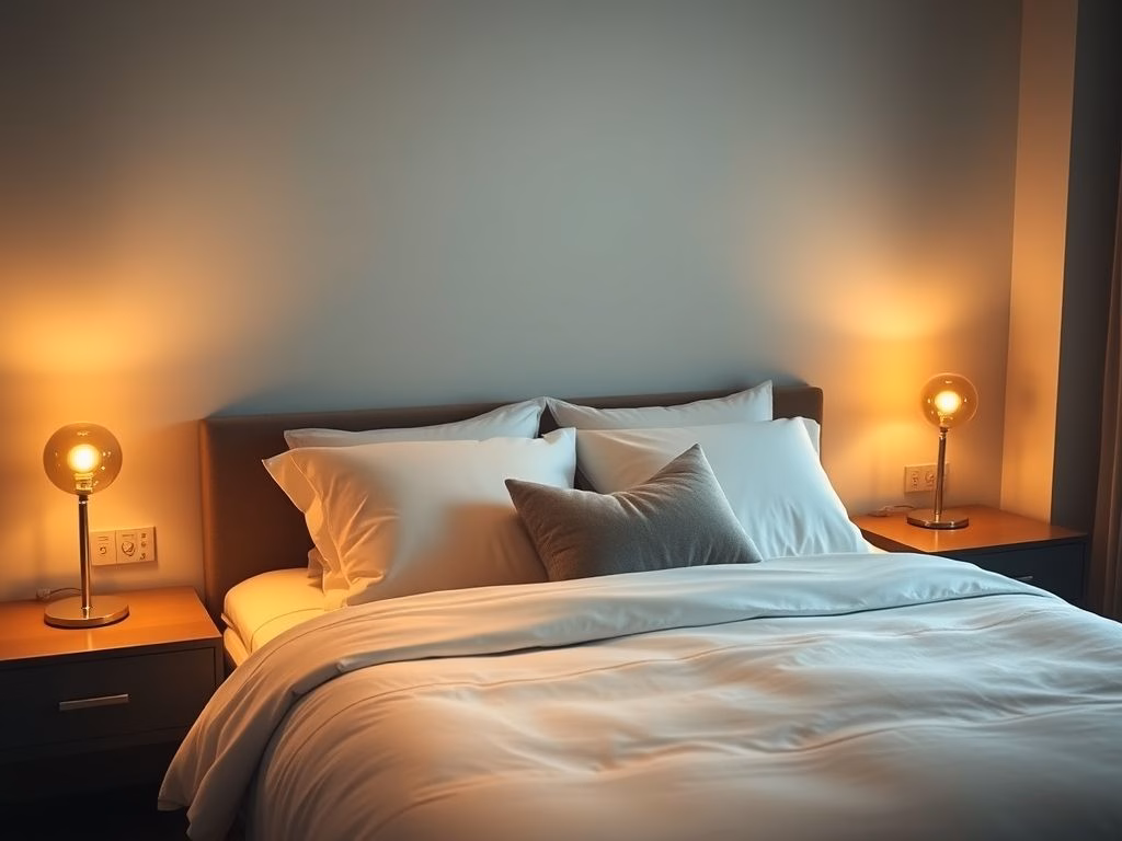 Quarto tranquilo com iluminação suave e difusa de abajures, criando um ambiente relaxante e convidativo.