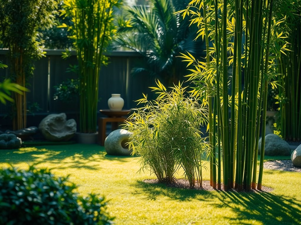 Um jardim zen sereno com diversos elementos de paisagismo com bambu, incluindo um caminho de pedra, cerca de bambu e casa japonesa ao fundo.