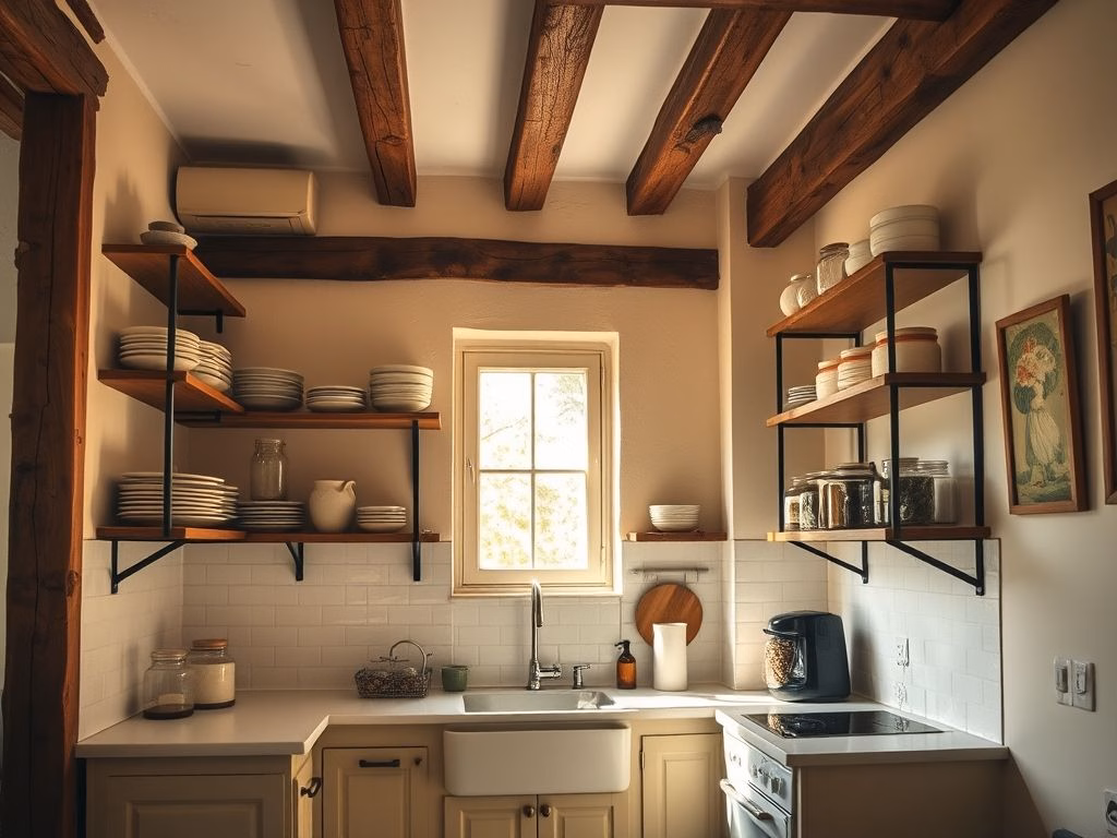 Cozinha rústica pequena em um apartamento com prateleiras abertas, armários claros e mesa de madeira.