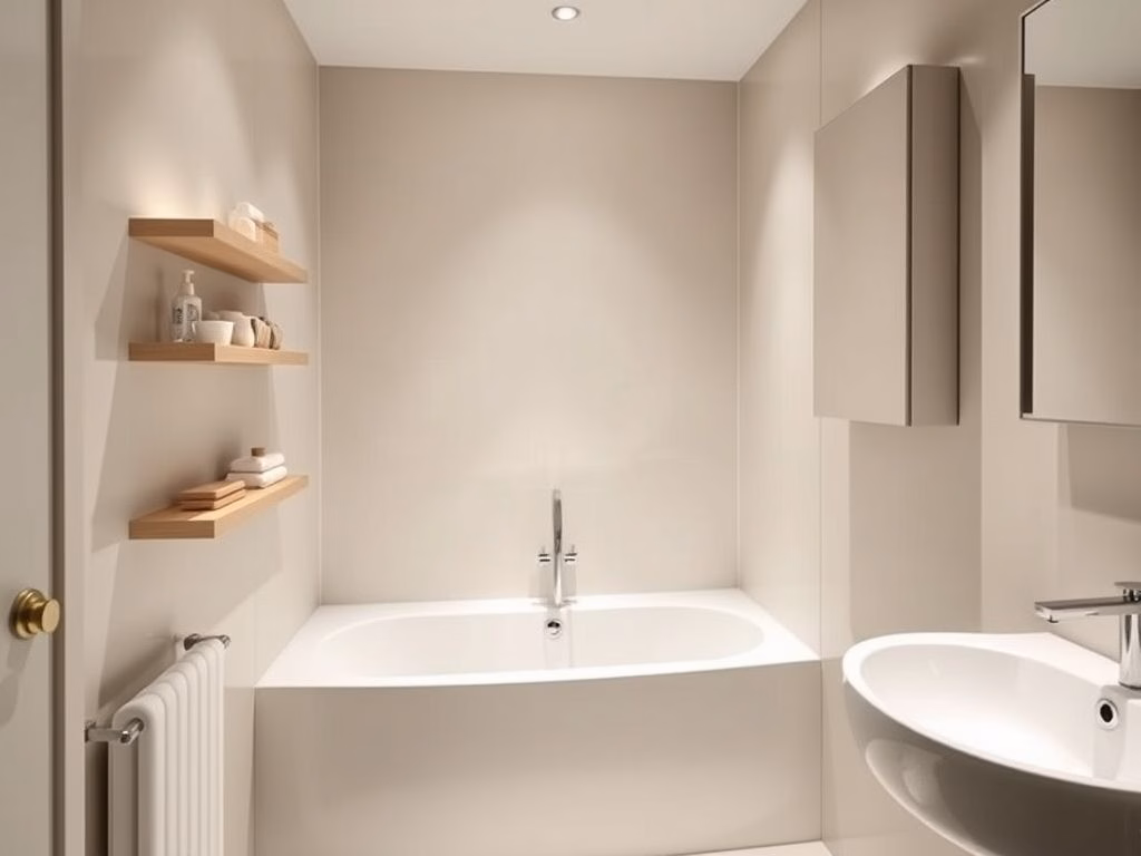 Um banheiro pequeno e elegante com uma banheira compacta em um canto. Soluções de armazenamento inteligentes maximizam o espaço limitado.