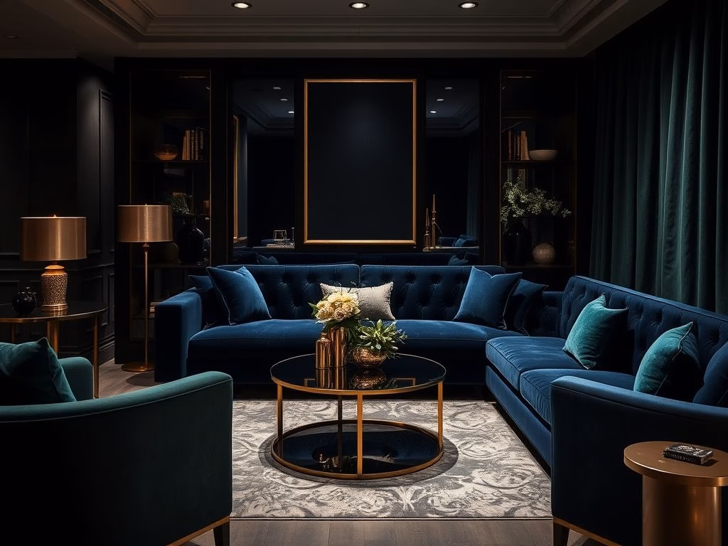 Sala de estar sofisticada com um sofá em tom escuro e tecido luxuoso como veludo, criando uma atmosfera aconchegante e elegante.