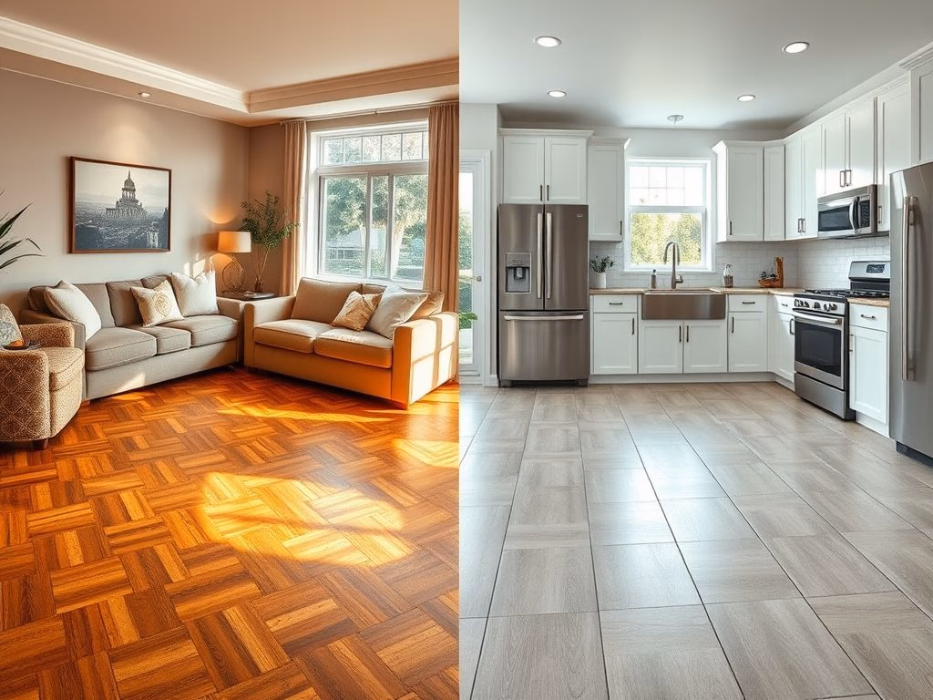 Comparativo entre piso de taco e piso de cerâmica, mostrando as diferenças de aparência e sensação em diferentes ambientes.