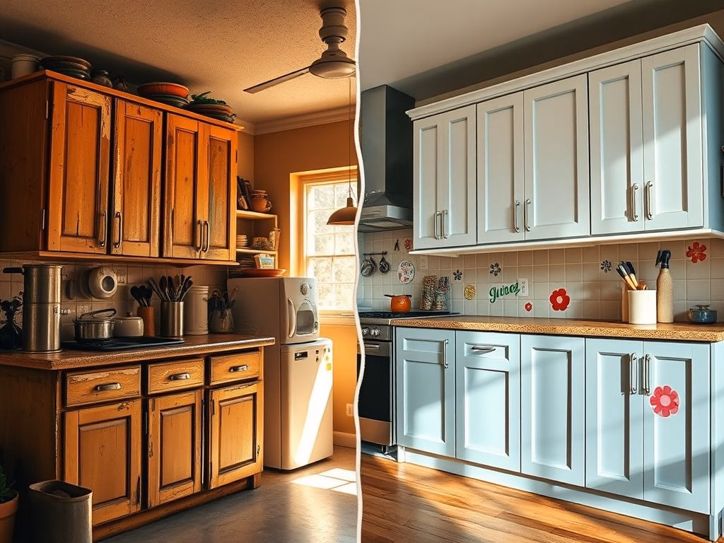 Transformação de armários de cozinha com tinta e adesivos decorativos, mostrando o antes e depois.