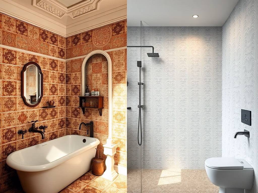 Comparação entre um banheiro com azulejos tradicionais e um banheiro renovado com papel de parede lavável, mostrando a diferença no visual e na sensação do ambiente.