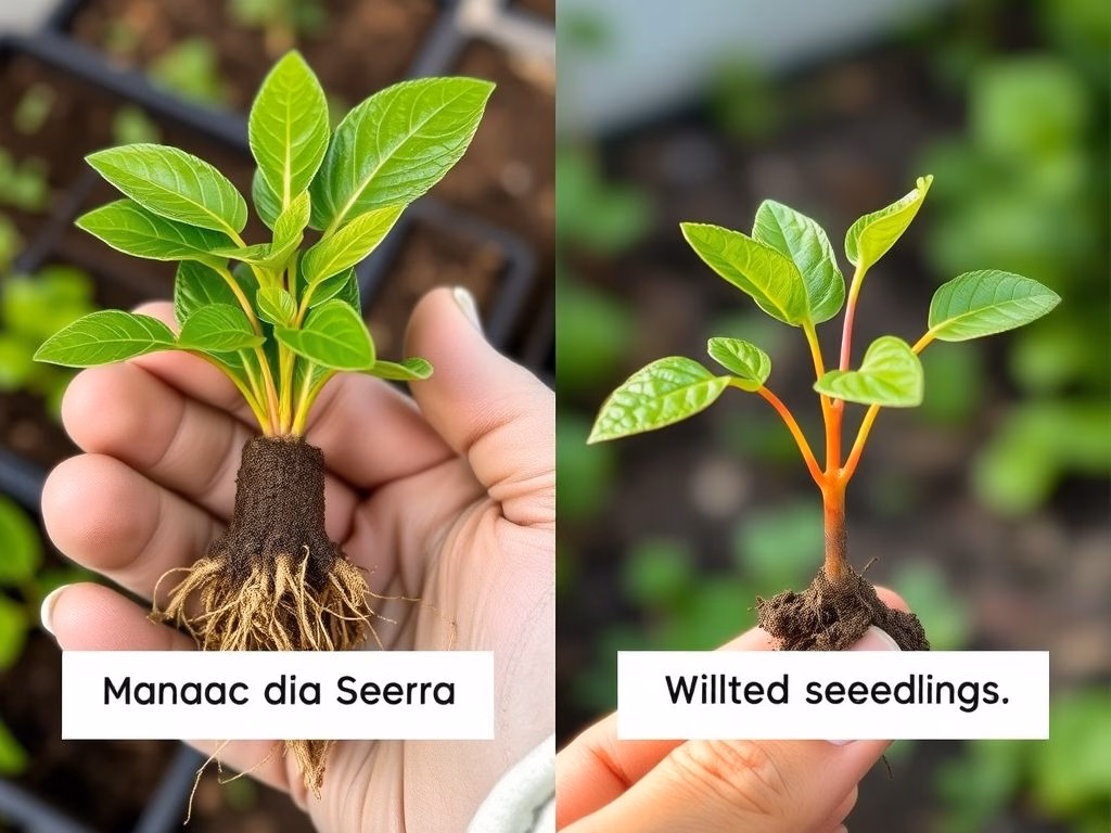 Imagem dividida mostrando uma muda de Manacá da Serra saudável com folhas verdes e raízes bem formadas, e uma muda murcha com folhas amareladas e raízes escassas.