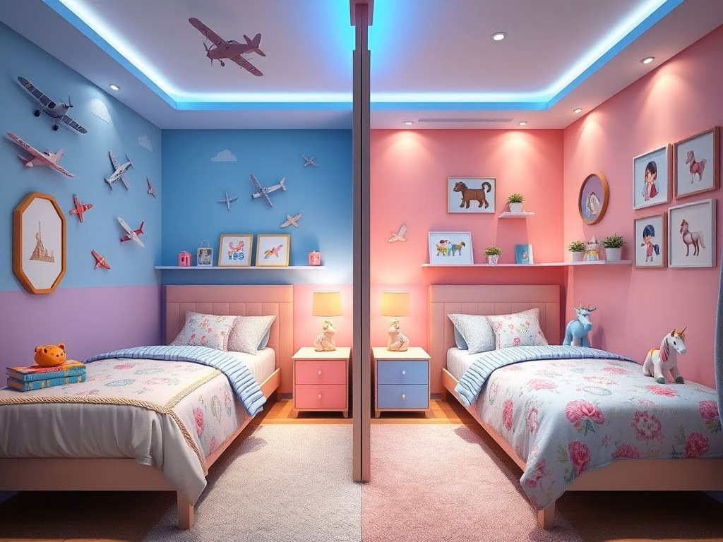 Quarto de gêmeos dividido em duas áreas, uma azul com tema de avião e outra rosa com tema de fadas, refletindo as personalidades individuais.