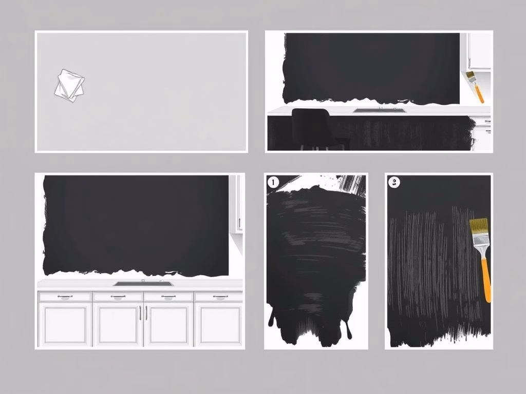 Ilustração passo a passo mostrando como aplicar tinta de lousa em uma parede da cozinha.