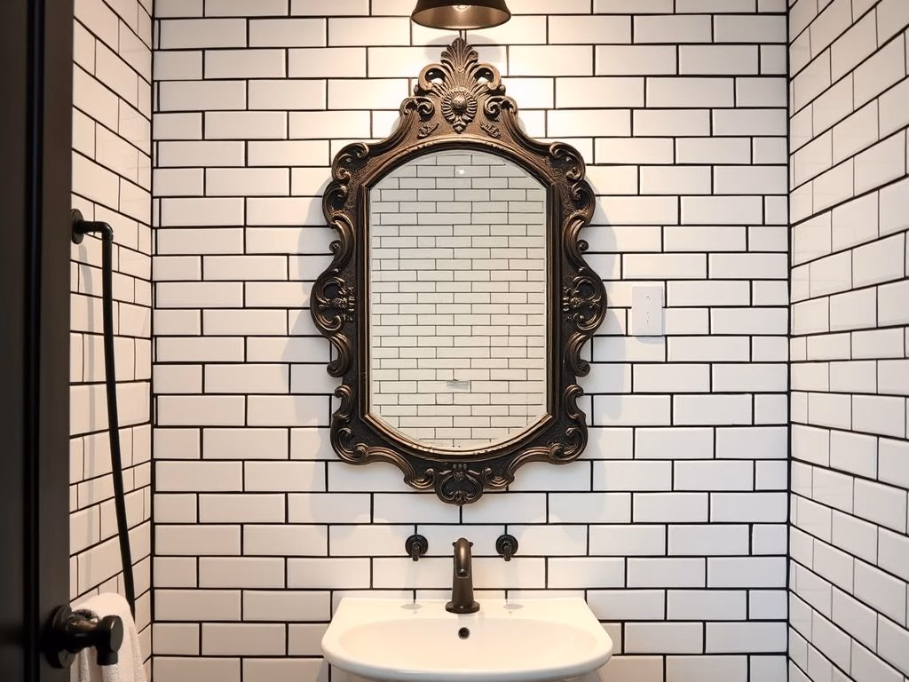 Banheiro elegante com azulejos estilo metrô brancos e rejunte preto.