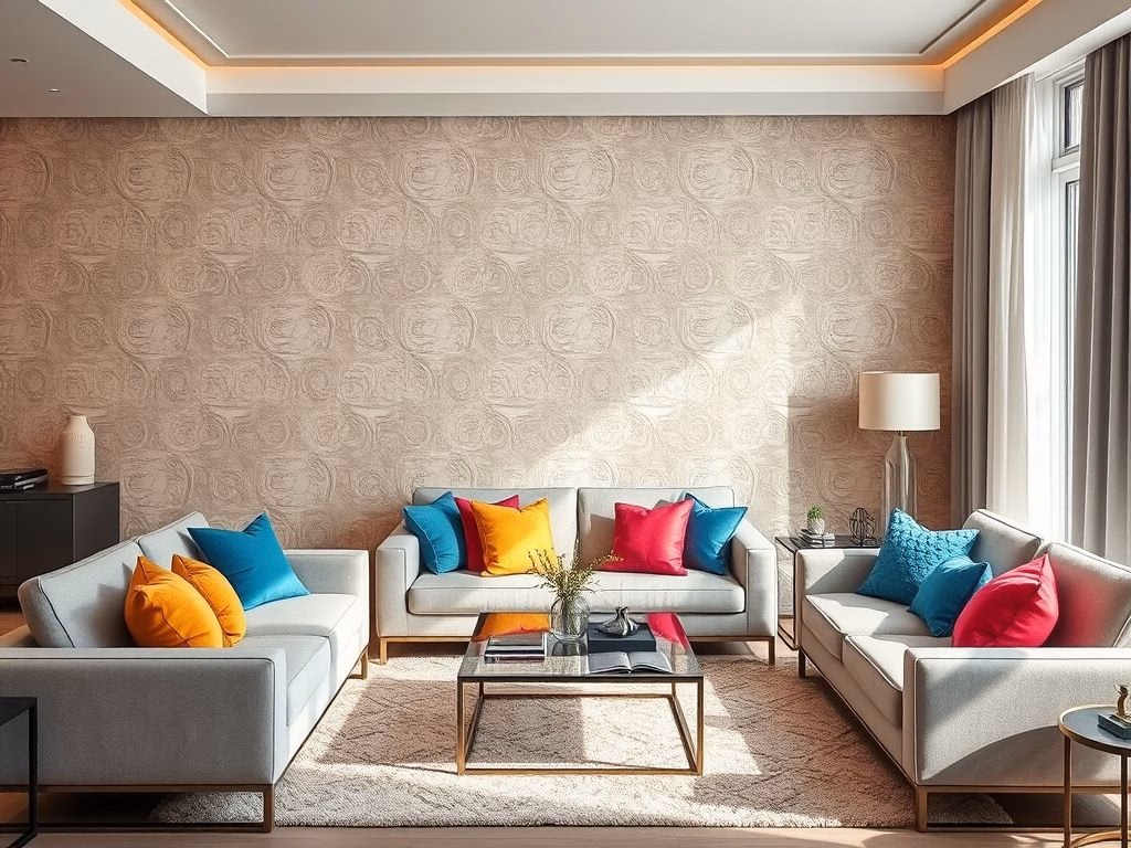 Sala de estar elegante mostrando a combinação de papel de parede 3D com móveis neutros, almofadas coloridas, tapete estampado e plantas.