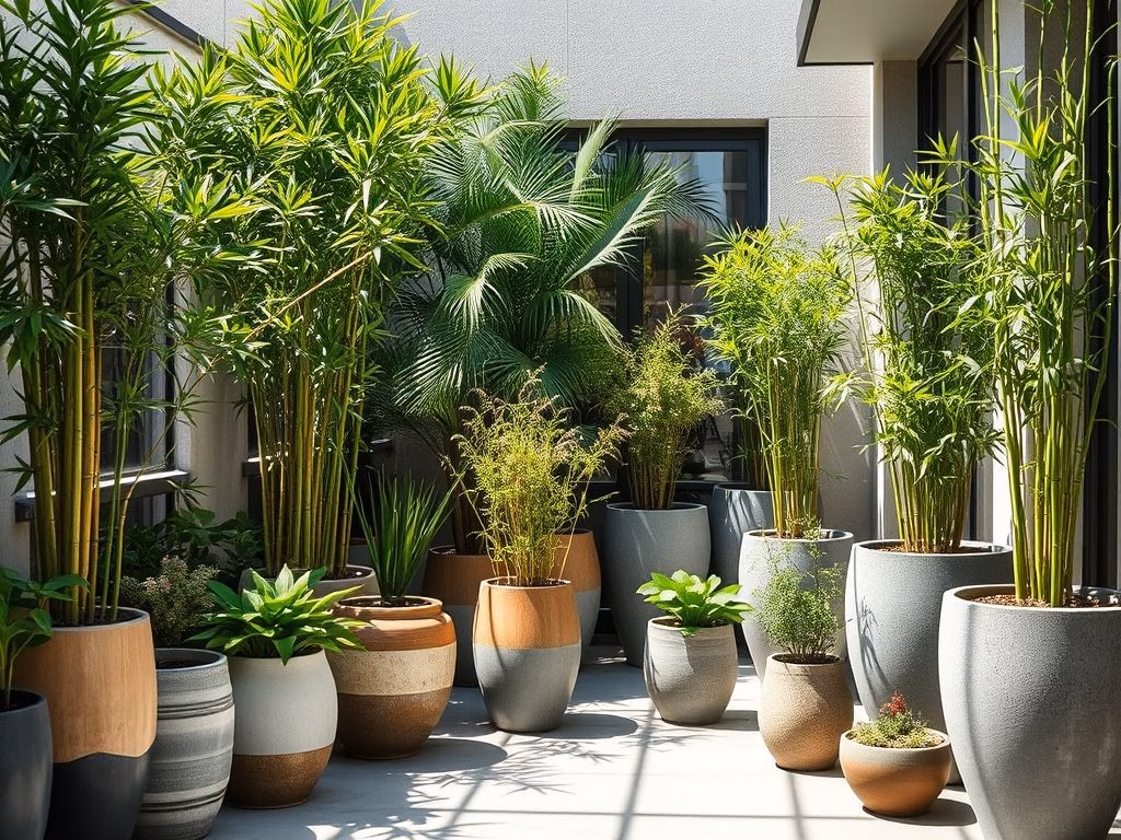 Um pátio elegante ao ar livre com plantas de bambu em vários vasos e floreiras.