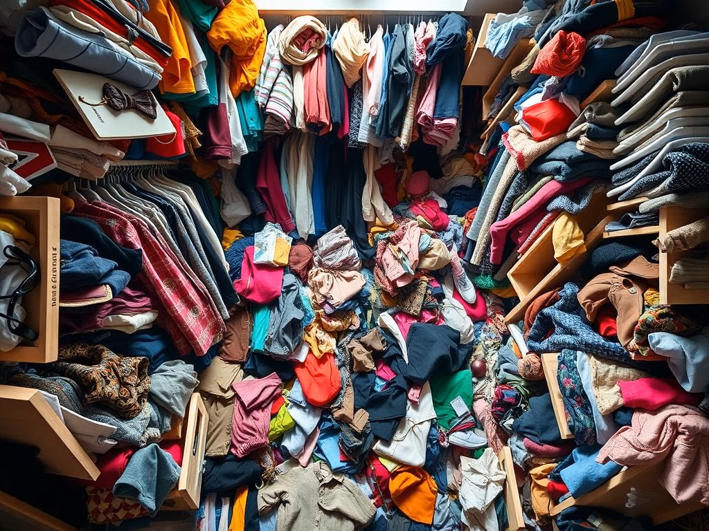Um guarda-roupa cheio de roupas desorganizadas e bagunçadas.