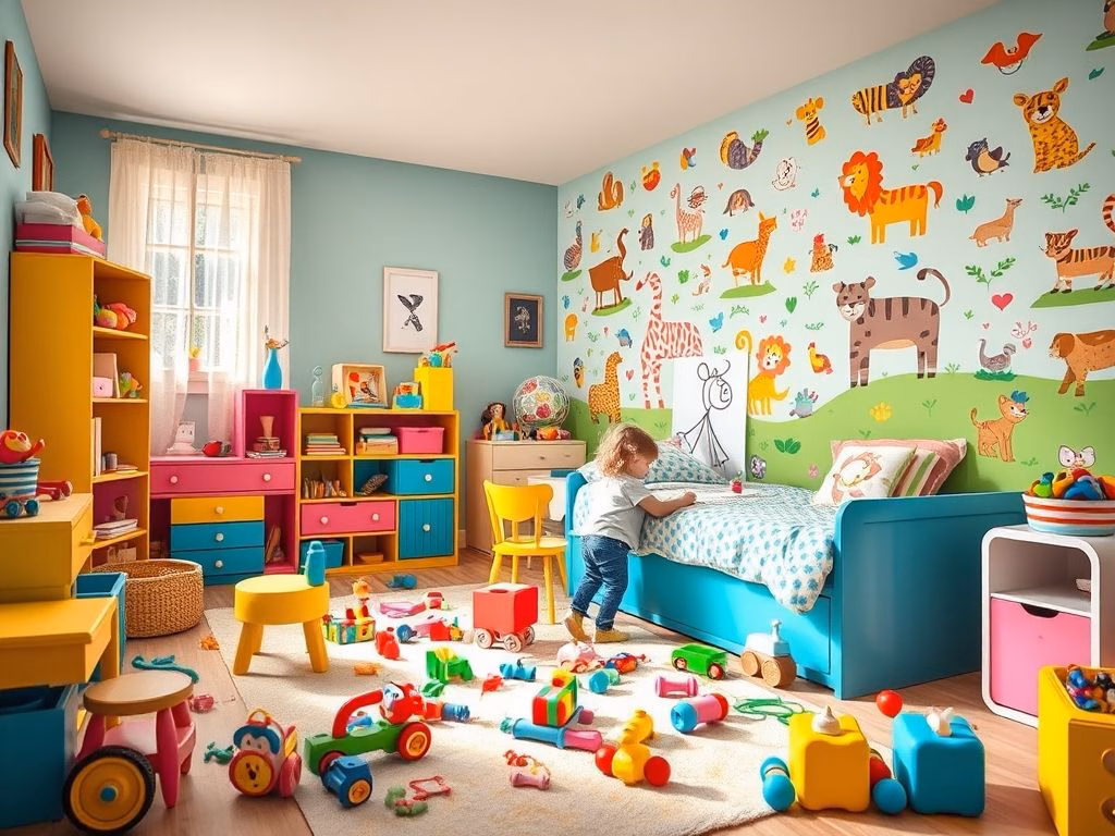 Quarto infantil com papel de parede lavável decorado com desenhos animados, uma criança rabiscando e um adulto limpando com facilidade.