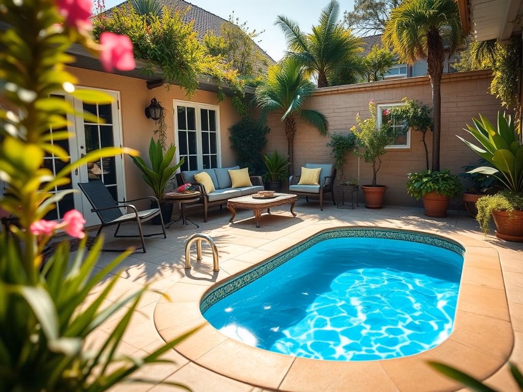 Uma pequena piscina charmosa em um quintal, com deck e cadeiras de sol, criando um ambiente relaxante e convidativo.
